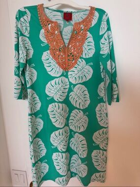 Tracy Negoshian Green and White Leaf-Print Mini Dress with Orange Trim